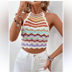 SHEIN VCAY Halter Neck Off-Shoulder Knitted Top